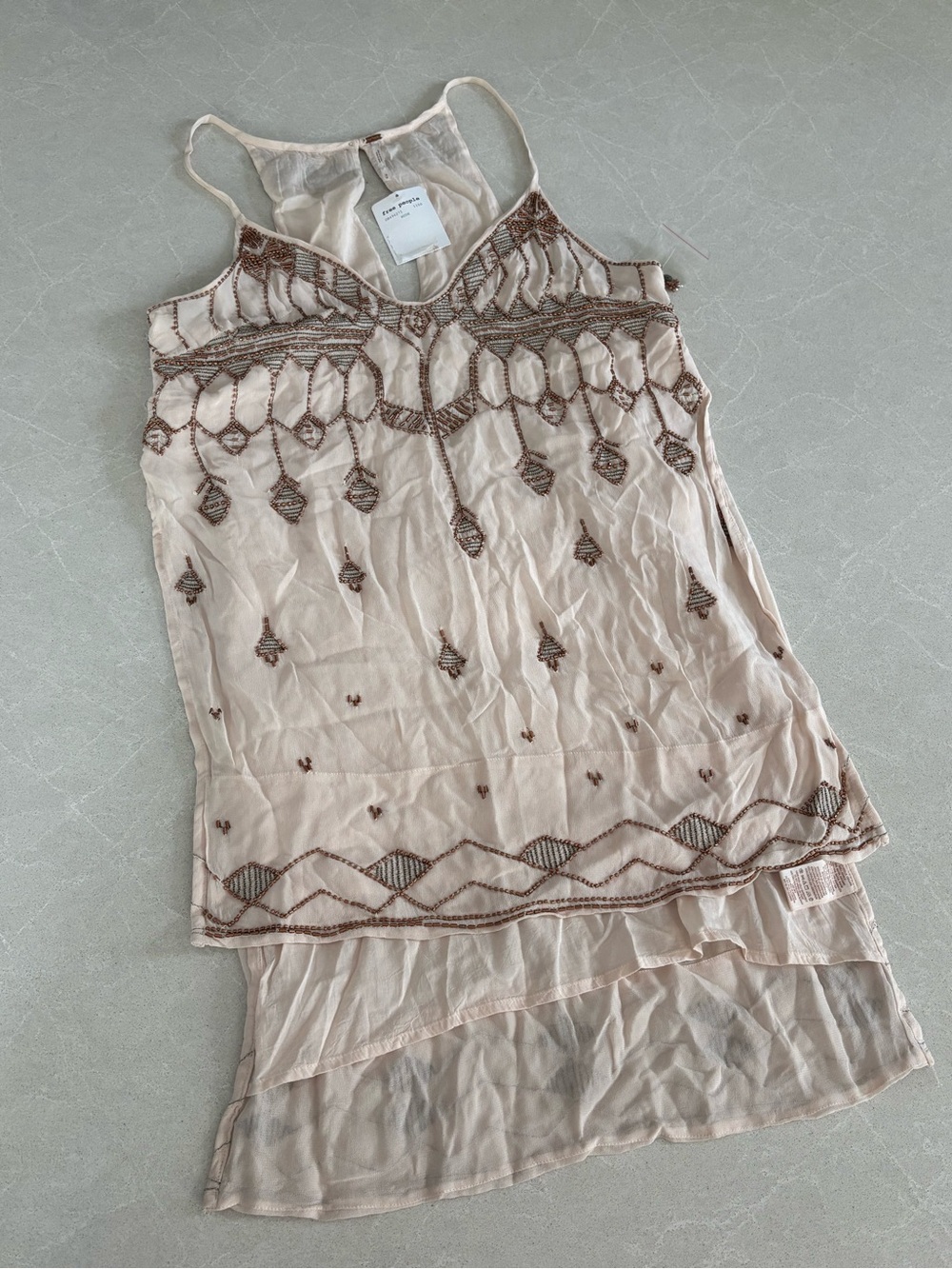 Free People Beaded Sheer Mesh Boho Tunic Dress Nude Medium OB496271 Luxury